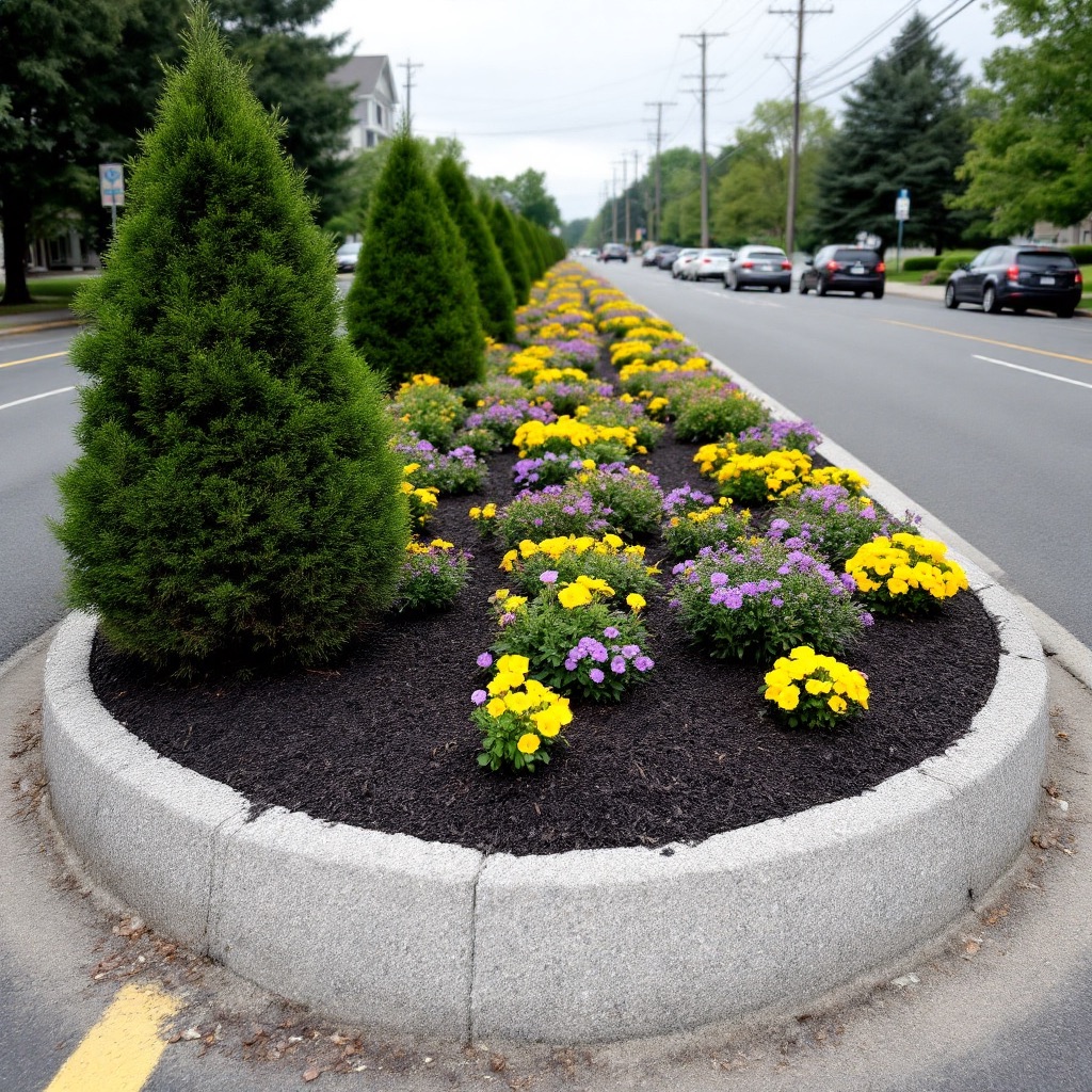 Landscaped granite-curbed road median planted with evergreens and seasonal flowers